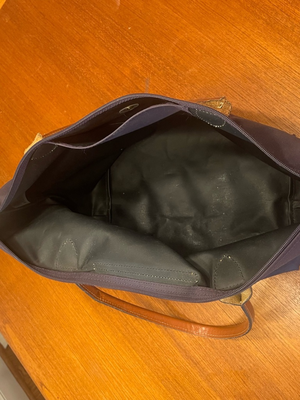 Longchamp Navy Nylon Tote with Brown Leather Trim - Picture 3 of 6